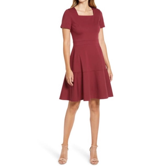 NEW Rachel Parcell Burgundy Square Neck Fit &‎ Flare Dress L Christmas Party - Picture 9 of 9